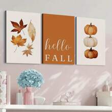 3 piezas Cuadros de arte de pared abstracto moderno de hojas de otoño y calabazas, pintura sobre lienzo vibrante para decoración de pared de otoño en el hogar
