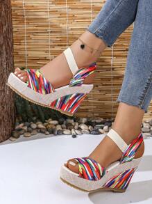 2024 New European Women Platform Wedge Sandals, Outdoor Versatile One-Strap Slides, Sexy Floral Print Beach Casual Slippers, Comfortable Open Toe Shoes, Green Floral Elevated Petite Shoes
