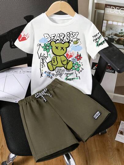 Conjunto de camiseta de manga corta con estampado gráfico de dibujos animados y pantalones cortos para niño preadolescente
