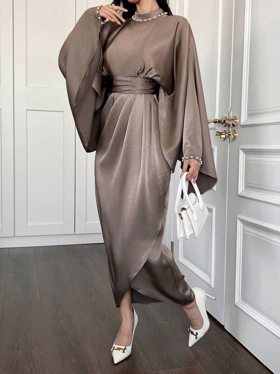 Women's Elegant Satin Bat Shaped Evening Dress, Spring Outfit,Modest
