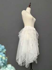 1pc Asymmetrical White/Black Tailcoat Dress, Asymmetrical Fish Tail Skirt, Layered Tulle Dress, Flowy Singing Dress, Cover-Up Dress, Crystal Chiffon Maxi Skirt, One-Piece Apron, Ruffled Multilayer Trailing Dress Suitable For Wedding, Banquet, Performance, Party, Bride, Bridesmaid, Stage Show, Cosplay, Travel Photo Prop, Dancing, Halloween Costume Fall Clothes For Women