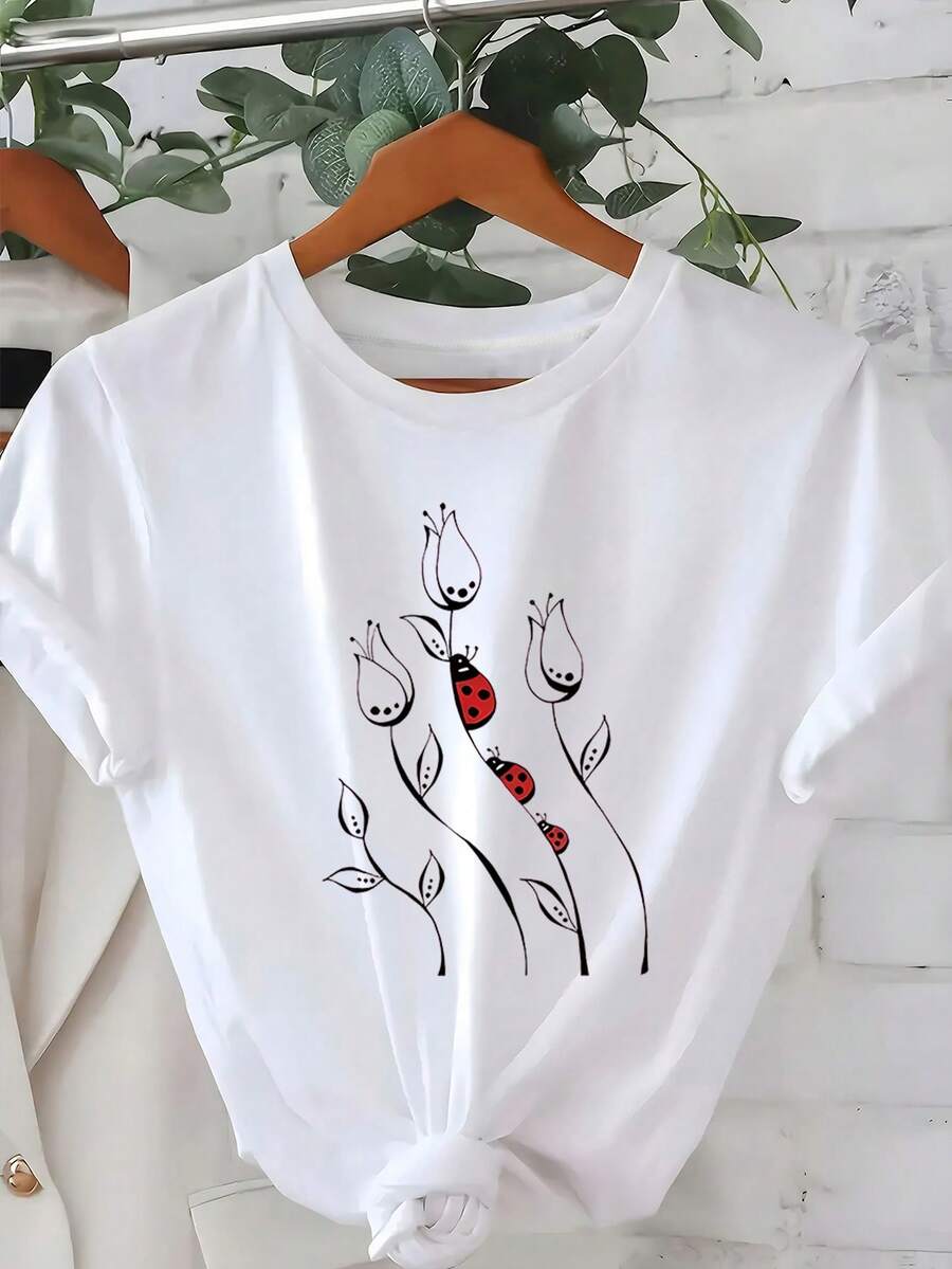 1 Women's Casual Short Sleeved T-Shirt, Ladybug And Flower Print, Red, Round Neck, Regular Style, Machine Washable, All Season Wear - 白色 - 查看 1