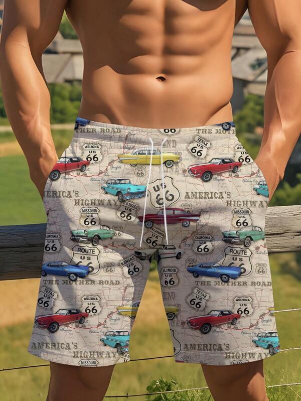 3D-Muster Strand-Shorts mit Kordelzug-Bund, modisch und gemustert, Sportbekleidung Lässig Schnelltrocknend Bademode Laufen