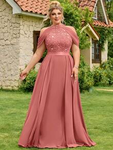 Plus Size Women's Sequin Floral Lace Hollow Shoulder Chiffon Formal Party Dress, Suitable For Prom, Graduation, Wedding, Birthday Party In Summer - Dusty Pink - View 5