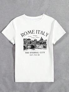 1 Piece Fashion Casual For Men And WomenCamiseta con estampado de la silueta de Roma, Italia, cuello redondo, manga corta, para mujer - ROMA ITALIA, LA CIUDAD ETERNA, FUNDADA EN 753 A.C. Camiseta gráfica casual para mujer, versátil, fácil de combinar, adecuada para uso diario, estilo urbano, conjuntos de vacaciones, conjuntos de fin de semana. - Blanco - Ver 3