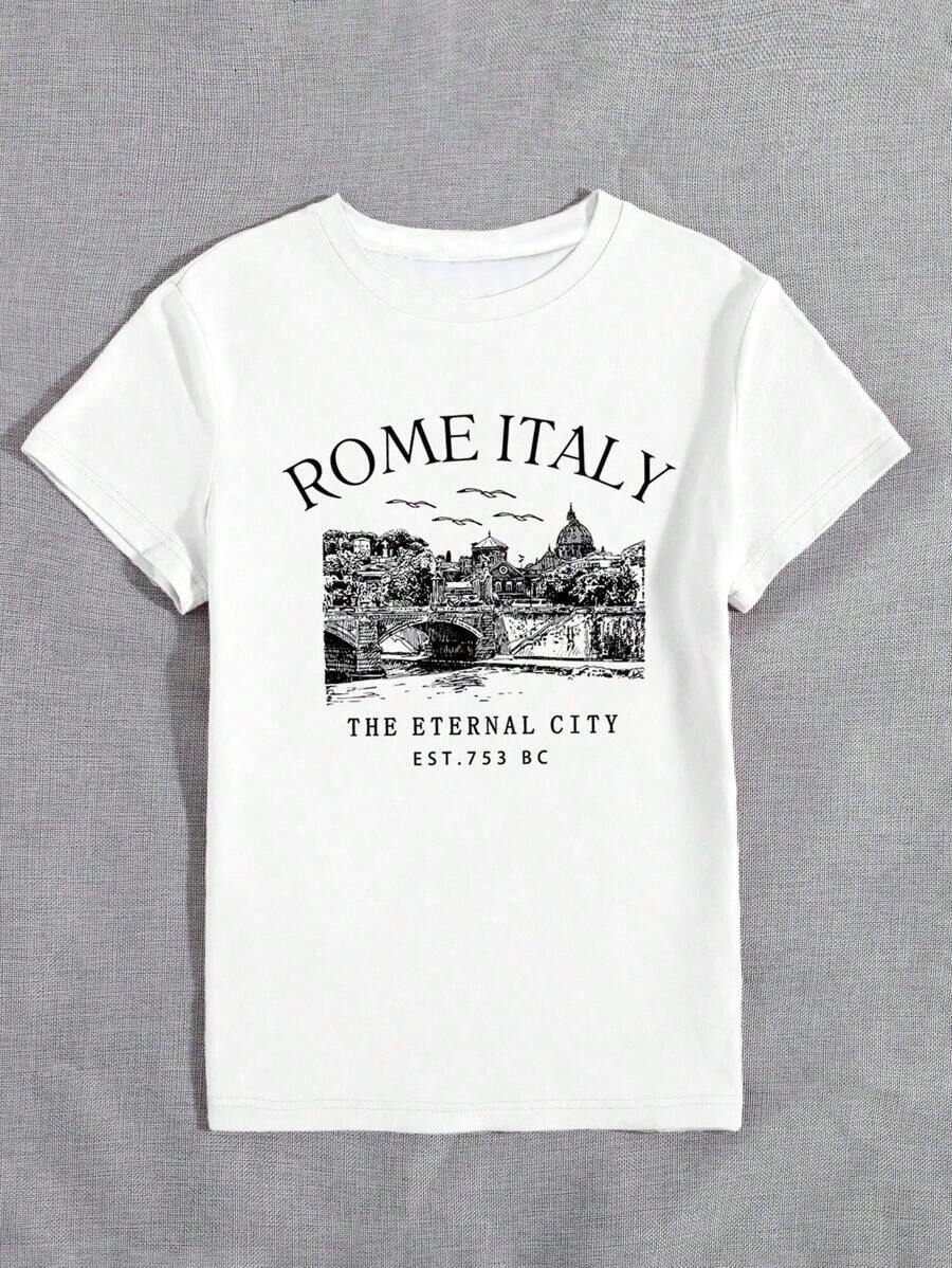 Camiseta con estampado de la silueta de Roma, Italia, cuello redondo, manga corta, para mujer - ROMA ITALIA, LA CIUDAD ETERNA, FUNDADA EN 753 A.C. - Camiseta gráfica casual para mujer - Blanco - Ver 1