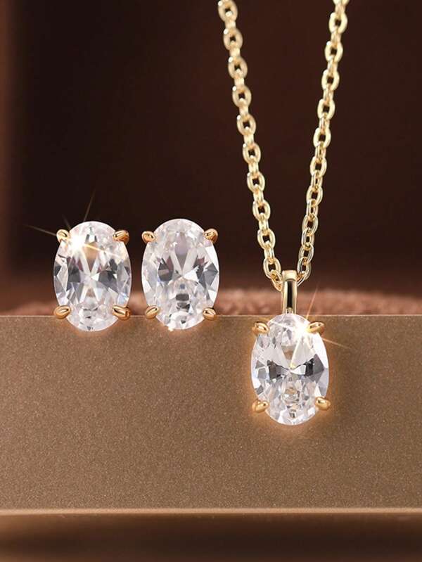 1 Set Elegant Oval Zirconia Necklace & Earrings Set For Women, Minimalist Geometric Design Jewelry, Suitable For Daily Wear & As Gift