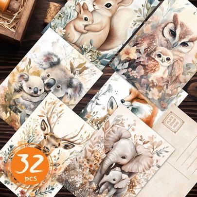 Tlenpo 32 Stück/Set Vintage Tier- und Prominenten-Aufkleber für Scrapbooking, Wanddekoration, Grußkarten, Postkarten, Geschenke, Handwerken, dekorative Karten für Geburtstag, Ereignisse, Partys, Schulmaterialien (ohne Zubehör), Schulmaterialien, Schulanfang