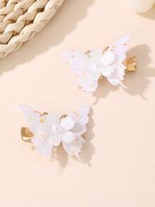 2pcs/6pcs Girls Glitter Rhinestone Pearl Butterfly Hair Clips - White - View 4