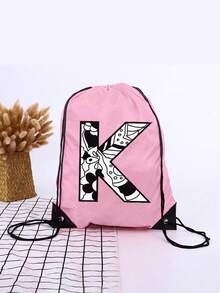 1pc A-Z Graffiti English Letter Outdoor Backpack, Kids Drawstring Closure Bag, Large Capacity Sports Bag, Cute Cartoon Letter Print Sports Backpack For Boys And Girls - Pink - View 6