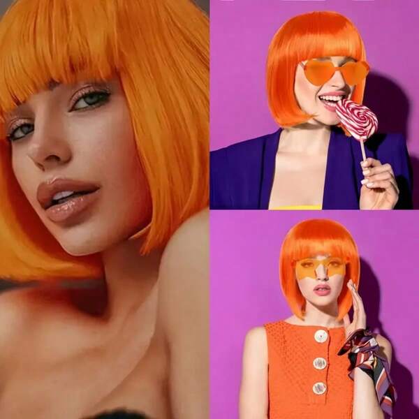 Orange Short Wig Made Of Low-Temperature Synthetic Fiber, With Solid Color Bangs, Suitable For Beginners, Daily Wear, Exhibitions, Parties, Christmas, Halloween, Cosplay