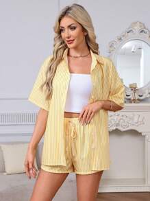 2pcs Spring/Summer Beach Vacation Casual Striped Short Sleeve Shirt With Turndown Collar And High Waist Drawstring Shorts Set, Lounge Wear & Outerwear