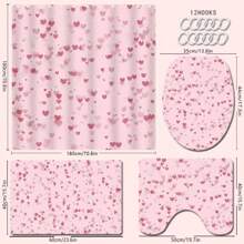 4 Stücke rosa Herz Thema Badezimmer Vorhang Set, Badematte, U-förmiger Toilettendeckel, wasserdichter Duschvorhang, dekorativer Badezimmer Raumteiler Vorhang, moderner Stil, ohne Bohren erforderlich, maschinenwaschbar, Badezimmer Accessoires, Rückfahrt zur Schule Badezimmer Dekoration