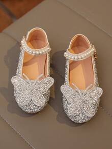 1 Đôi Giày Bệt Dễ Thương Màu Hồng Cho Bé Gái Cỡ Lớn, Thời Trang Mới 2026, Đa Năng, Trang Trí Nơ Ngọc Trai & Đá Quý, Mũi Tròn, Thích Hợp Cho Mang Hàng Ngày, Khiêu Vũ, Hoạt Động Ngoài Trời Mùa Xuân & Thu, Giày Ba lê Công Chúa Mũi Kín Trang Trí Lấp Lánh, Kích Cỡ Nhỏ Hơn Nửa Size - Bạc - Xem 3