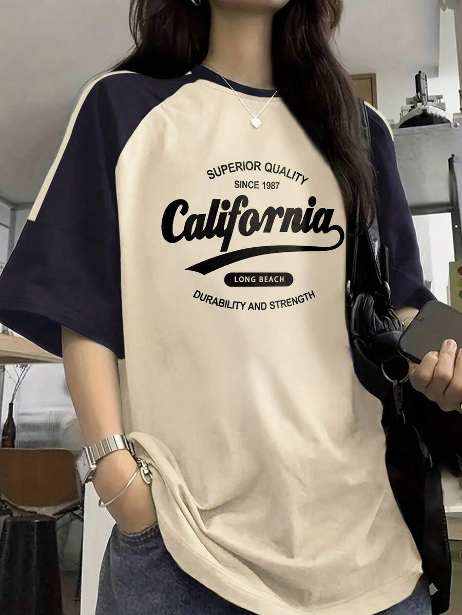 Teen Girls Graphic Print Tee, Vintage Style Color Block Loose Fit Summer