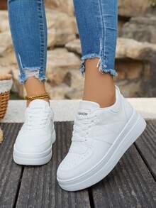 Women's Leather Stitching White Slip-On Lace-Up Color Block Comfortable Thick Sole Sneakers With Hidden Heightening Function - Casual White - View 5
