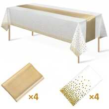 2 paquets/8 paquets, 1 pièce/4 pièces Nappes en plastique jetables et 1 pièce/4 pièces Lot de chemins de table en satin, Nappes blanches et dorées à pois, Chemin de table en satin doré pour décoration de mariage, anniversaire, Noël, Nouvel An et fête