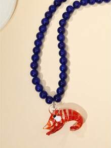 1 pieza Colgante decorativo de langosta roja de vidrio con cadena de collar de cuentas azules, adecuado para uso diario de mujeres o vestimenta de playa en verano