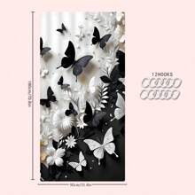 1/2/3/4 Stücke 3D Schwarz & Weiß Schmetterling Blumen Thema Badezimmer Duschvorhang Sets, 12 Haken, Badematte, U-förmiger Toilettendeckel, wasserdichter Duschvorhang, Badezimmerdekoration, moderner Fenstervorhang, ohne Bohren, Polyester, maschinenwaschbar, Herbstdekoration Badezimmer Accessoires Rückkehr zur Schule