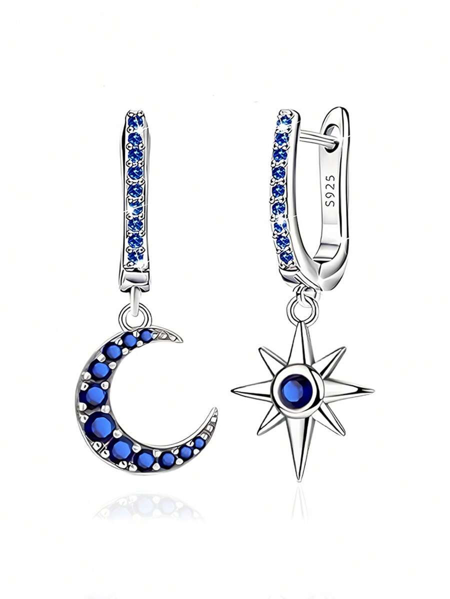 BRLINEY Pendientes de mujer hipoalergénicos de plata esterlina con circonita cúbica en diseño de estrella y luna, de moda y elegantes, regalo de cumpleaños