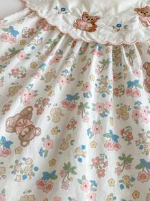 Baby Girl Floral & Bear Pattern Sweet Allover Print Dress, Summer
