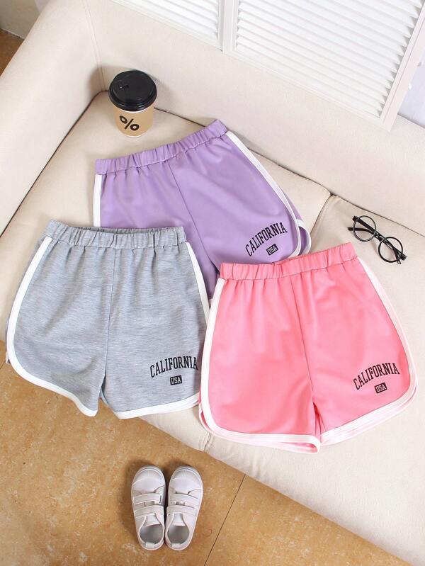 Set de 3 shorts de estilo deportivo casual con diseño impreso de letras, para el verano, para niñas