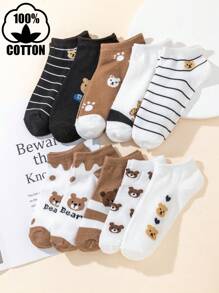 10 Pairs Kids/Youth Cartoon Bear Print Fashionable Versatile Comfortable Short Socks