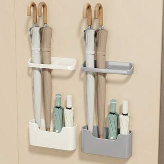 2 件套带排水盘的雨伞架，免打孔壁挂式雨伞架，节省空间的长柄雨伞收纳架，折叠雨伞，办公室家庭入口处的雨伞挂架收纳架