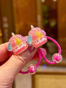 2个/套青少年发圈，可爱独角兽、冰淇淋、彩虹、云朵、蘑菇图案发绳，适合小女孩 - 彩色 - 查看 10