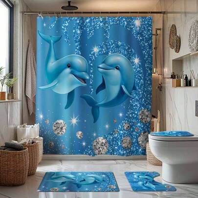 1/4 pezzi Set da bagno a tema delfino blu e strass, include tenda doccia, tappetino da bagno, copri WC a forma di U, impermeabile, decorazione moderna e alla moda per il bagno, senza bisogno di foratura, in poliestere lavabile in lavatrice, back to school