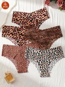 5pcs/Pack Women Seamless Low-Waist Sexy Leopard Print Bikini Panties, Comfortable & Suitable For Fitness Sports Underwear - Multicolor - View 2