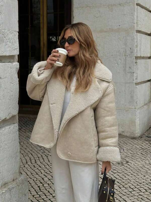 Chaqueta de gamuza con forro polar beige para mujer - Abrigo casual y holgado con bolsillos, cálido para el invierno