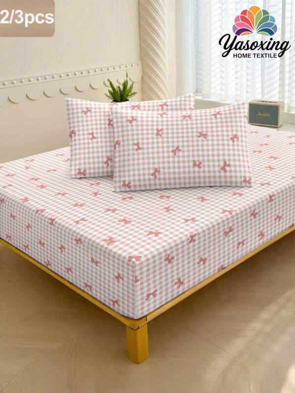 3pcs /Set Pink Plaid Bow Knot Pattern Fitted Sheet Set Without Filler, Fitted Sheet Set For Bedroom Brushed Microfiber Breathable Comfortable 1pc Fitted Sheet+2pcs Pillow Case Without Filler, Back School Bedding Domitory Bedding Set