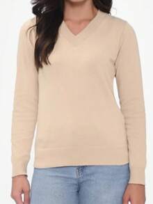 Cold Weather Knitted Sweater Top V Neck Plain Basic Long Sleeve Winter Women Simple Knitwear Knitted Daily Autumn Long Sleeve - Sand - View 2