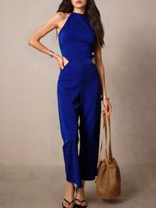 Mono enterizo jumpsuit dama mujer sin manga cuello halter pantalon recto formal moderno elegante espalda elastica comodo trendy - Azul - Ver 3