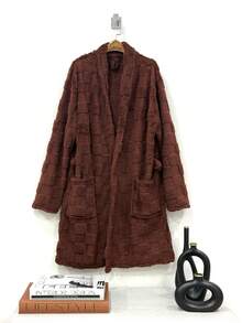 Adult Long Thick Warm Soft Velvety Robe - Kẻ caro nâu - Xem 1