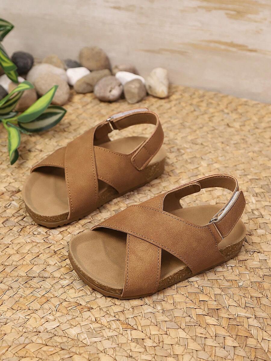 1 Pair Kids' Simple Fashionable Cross-Strap Anti-Slip Soft Bottom Flat Sandals, Suitable For Summer - Brown - View 1