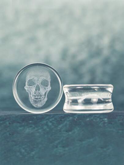 1pair Fashionable Punk Style Pierced Jewel, Laser Engraved Skull Glass Ear Gauges, Unisex Body Jewelry Plugs, Suitable For Daily & Party Wear
