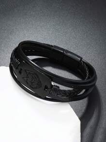 1pc Punk Style Men's Leather Bracelet, Alloy Magnetic Wolf Head Woven Leather Cord Bracelet, Jewelry Gift