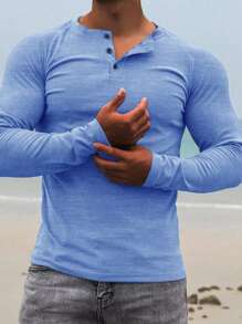 Men's Casual Solid Color Henley Neck Long Sleeve Undershirt, Comfortable & Soft, Versatile For All Seasons