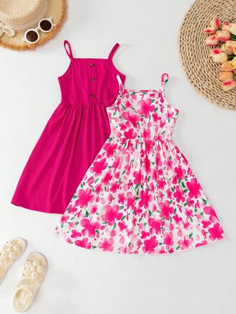 BASUSARRI 2pcs/Set Girls Floral Digital Print Casual Sleeveless Off-Shoulder Summer Dress, Versatile & Vacation Style