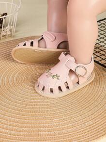 1 Pair Girls' Embroidered PU Hook And Loop Flat Fashion Versatile Breathable Sandals, Suitable For Summer - Pink - View 3