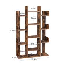 Bibliothèque arbre, Étagère à 13 compartiments, Meuble de rangement, 86 x 25 x 140 cm, avec coins arrondis et rebords, Marron rustique - Tabac - Voir 9