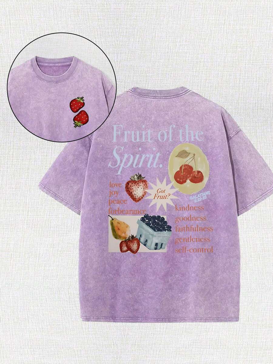 Fruit Of The Holy Spirit Christian Faith Religious Printing Vintage Washed T-Shirt, 230G, Retro Street Style. Simple And Versatile, Pure Cotton Is Of High Quality, Novel And Fashionable, And It Is A Must-Have Fashion T-Shirt For Spring And Summer. - 紫色 - 查看 1