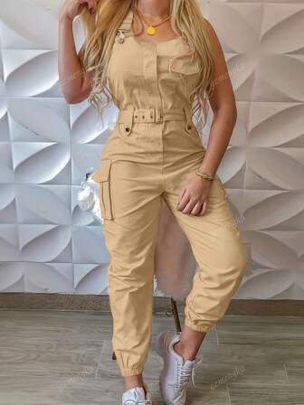 European & American Style Women's Cargo Pocket Overall Jumpsuit, Casual Sleeveless Suspender Pants With Belted Waist