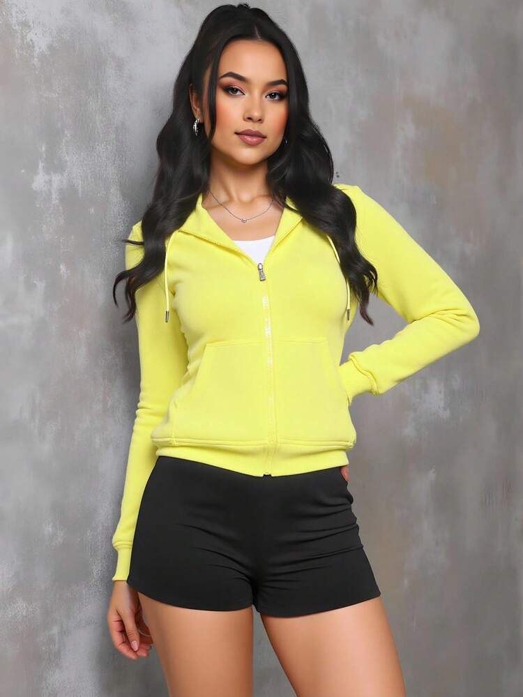 Sudadera capucha mujer dama cremallera frontal bolsillo canguro manga larga tela suave cierre ajustado diseño casual verano otoño invierno - Mostaza Amarilla - Añade 2