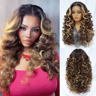 13X5X1.5 黑棕色卷发假发 女式合成蕾丝前部假发 金色橙色女性蕾丝假发 角色扮演假发 日常使用