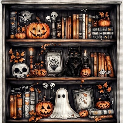 ZUOANLF 1 Set [30 * 30cm/11.8 * 11.8in] [40 * 40cm/15.7 * 15.7in] Frameless 11CT/14CT Printed Fabric Cross Stitch DIY Kit, Halloween Bookshelf Pattern, Suitable For Adult Beginners To Relax DIY Embroidery Set, Including Printing Cloth, Needles, Threads, Drawings And Instructions. Handmade Artworks, Home Wall Decorations, Gifts