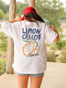 Plus Size Women's Summer New Simple Lemon And Slogan Print Daily Casual Round Neck Loose White Short Sleeve T-Shirt Fashionable And Versatile Suitable For Daily Wear Women's Tops - White - View 6