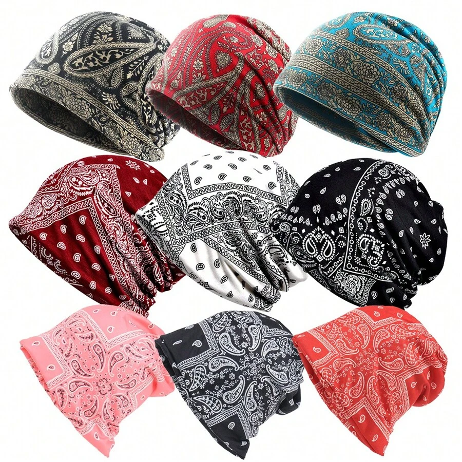 9pcs Polyester Printed Outdoor Sports Cycling Headwear Beanies, Reversible Korean Style Unisex Neck Warmer Gaiter